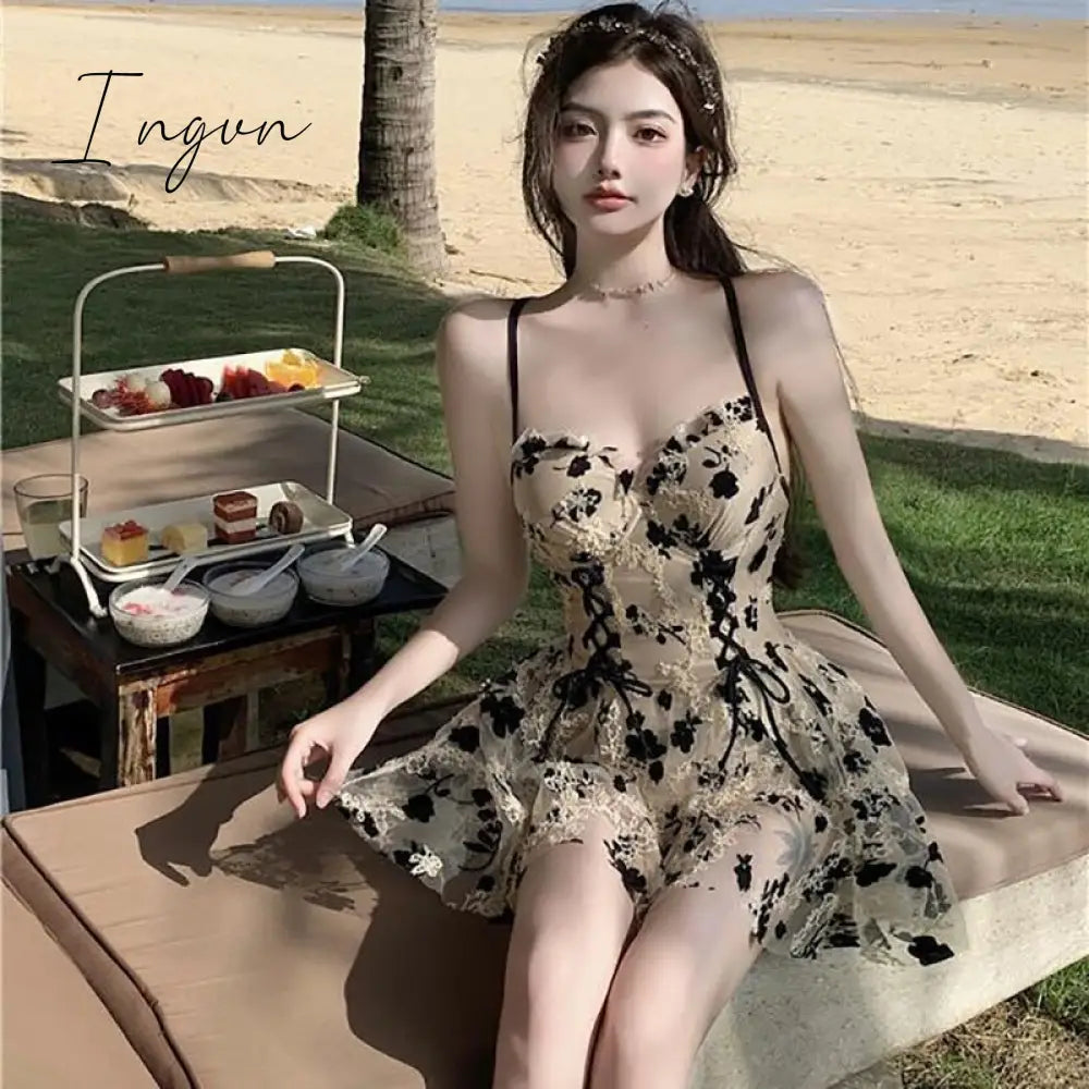 Ingvn - Backless Dress Women Lace Sexy Short Embroidery Mini Y2k Push Up Dress with Flowers Korean Dress Summer Gothic Party