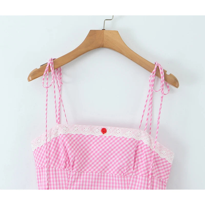 Sexy Spaghetti Straps pink Plaid Mini Dress Women Embroidery Lace Spliced Elegant A-line Summer Dresses Party Robe 2025