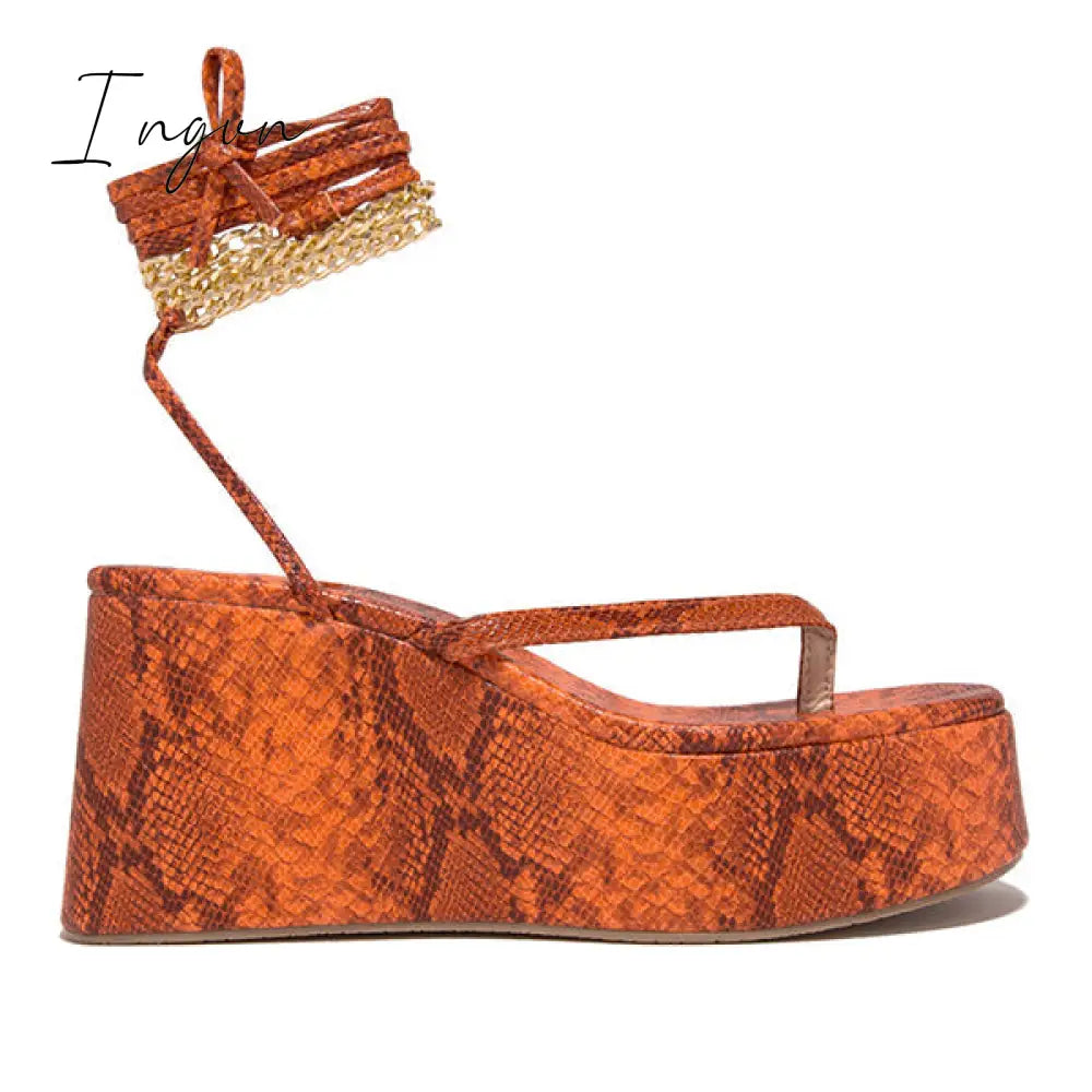 Ingvn - Ankle Chain Lace-Up Thong Entry Wedge Platform Sandals