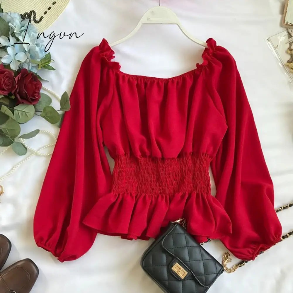 Ingvn - Youth Elegant Blouse Women Chiffon Fashion Blouse Off Shoulder White Shirt Ruffle Puff Sleeve Top Office wear