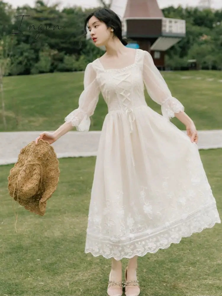 Ingvn - Vintage Retro Dress Women French Style Elegant Designer Fairy Dress Casual Slim Chiffon Party Dress  Autumn Women's Clothing