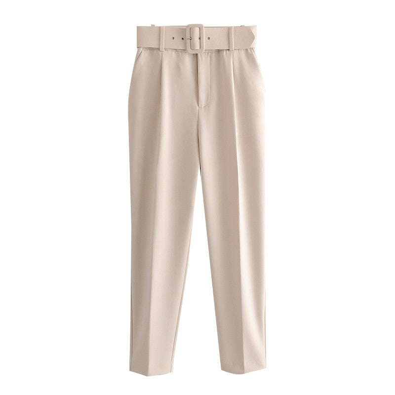 Woman White Career Pant Office Lady Straight Pants Belt Casual Ankle Length Women Trousers Oem Female Suit Set
