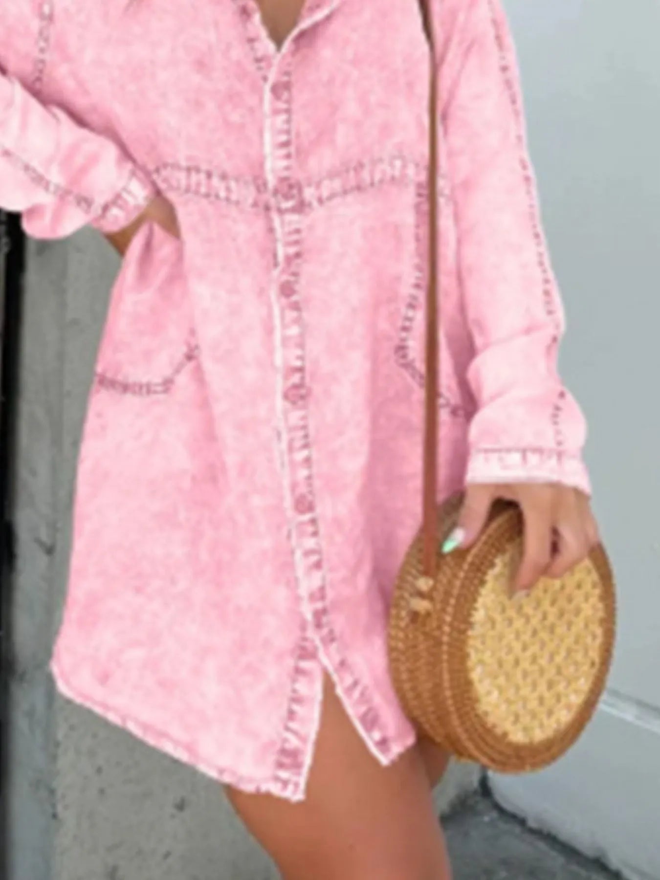 Full Size Button-Front Long Sleeve Denim Shirt Dress Plus Size