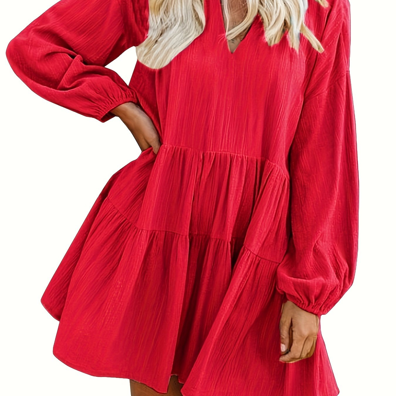 Long Sleeve Solid Color V Neck Loose Babydoll Dress, Casual Ruffle Hem For Spring & Fall, Women's Clothing