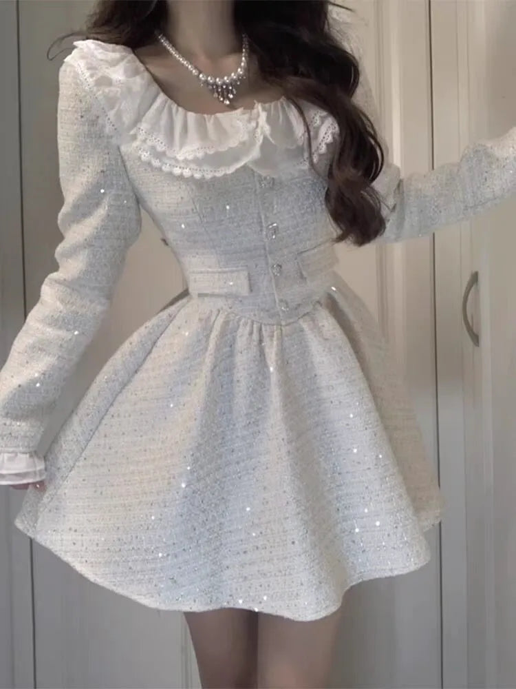 Autumn Elegant Princess Dresses for Women New Fashion Long Sleeve Square Collar A-line Korean Birthday Party Dress Mini Vestidos