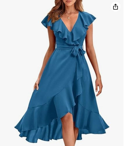 new V-neck short sleeve ruffled long temperament lace-up dress