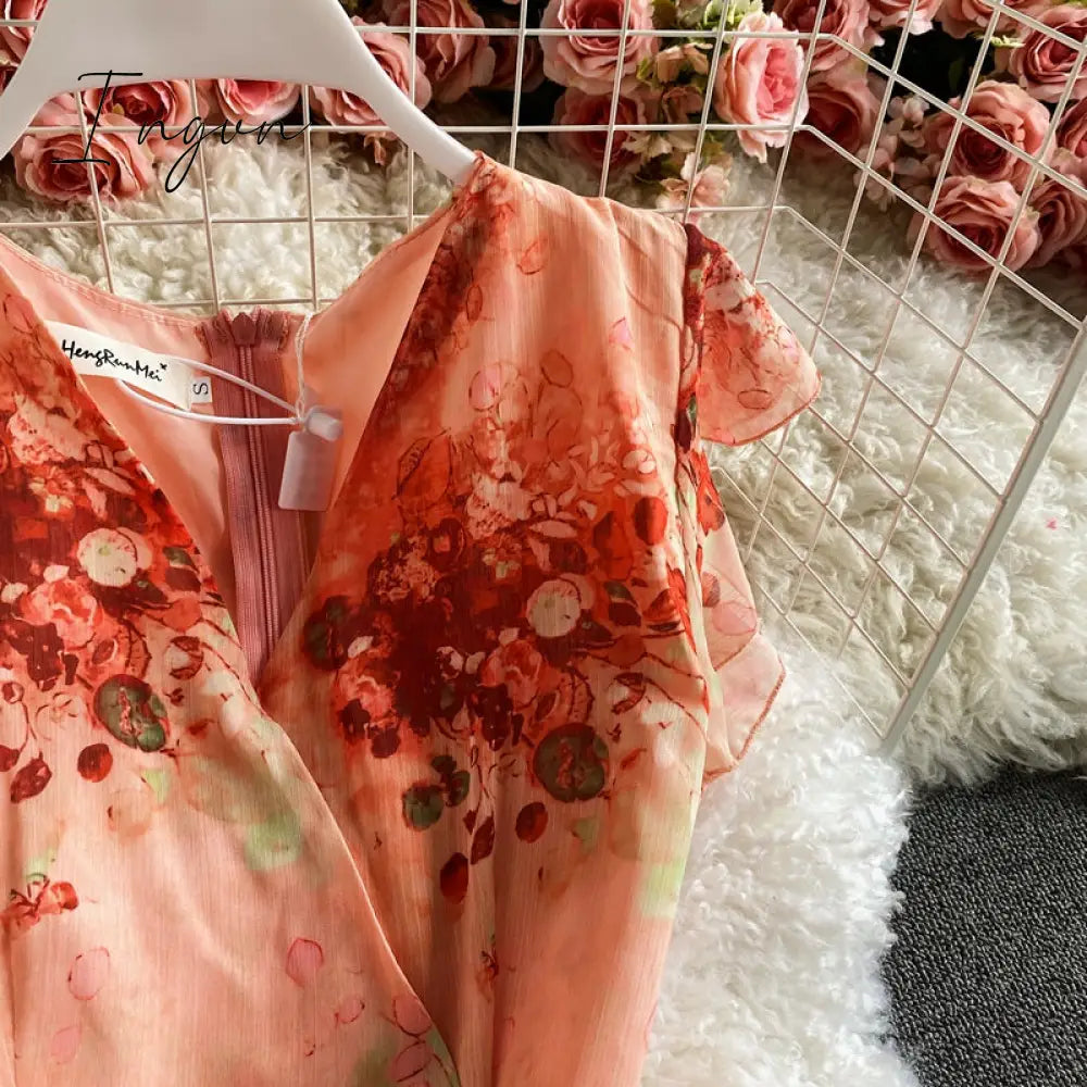 Ingvn - Vintage V-Neck Printed Chiffon Drawstring Mermaid Midi Dress Women Elegant High Waist Ruffle Vestidos Fashion Spring Summer