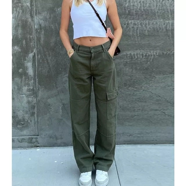 Rockmore Brown Vintage Baggy Jeans Women 90s Streetwear Pockets Wide Leg Cargo Pants Low Waist Straight Denim Trousers