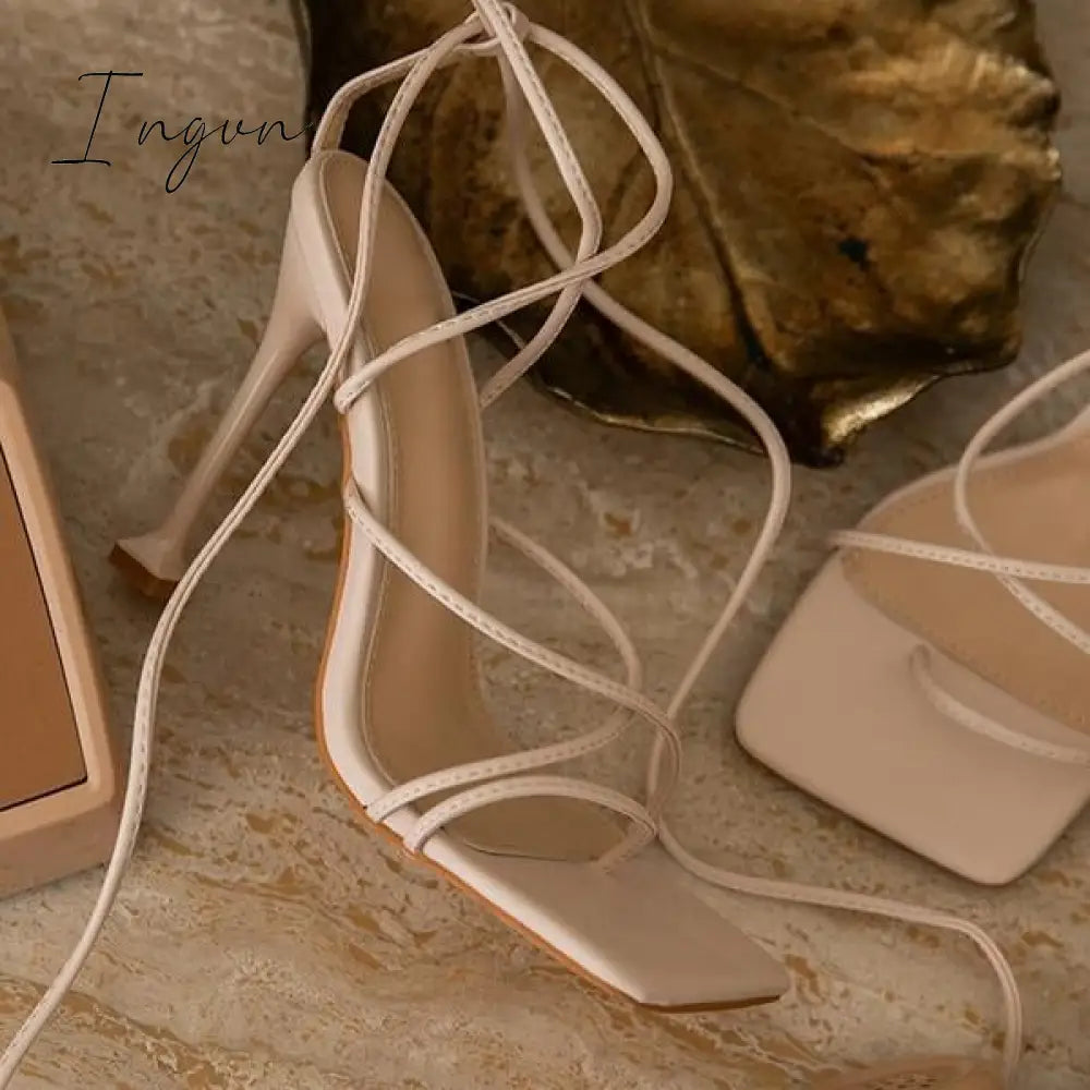 Ingvn - Around-The-Ankle Lace-Up Closure Open Squared Toe Heels