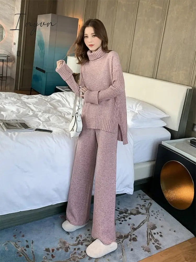 Ingvn - sweater set women tracksuit spring autumn knitted suits 2 piece set warm turtleneck sweater pullovers wide legs pants