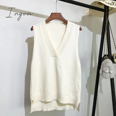 Ingvn - Women V Neck Sweater Vest Korean Preppy Style Solid Knitted Sleeveless Sweater Female Autumn Winter Casual Loose Pullover Jumper