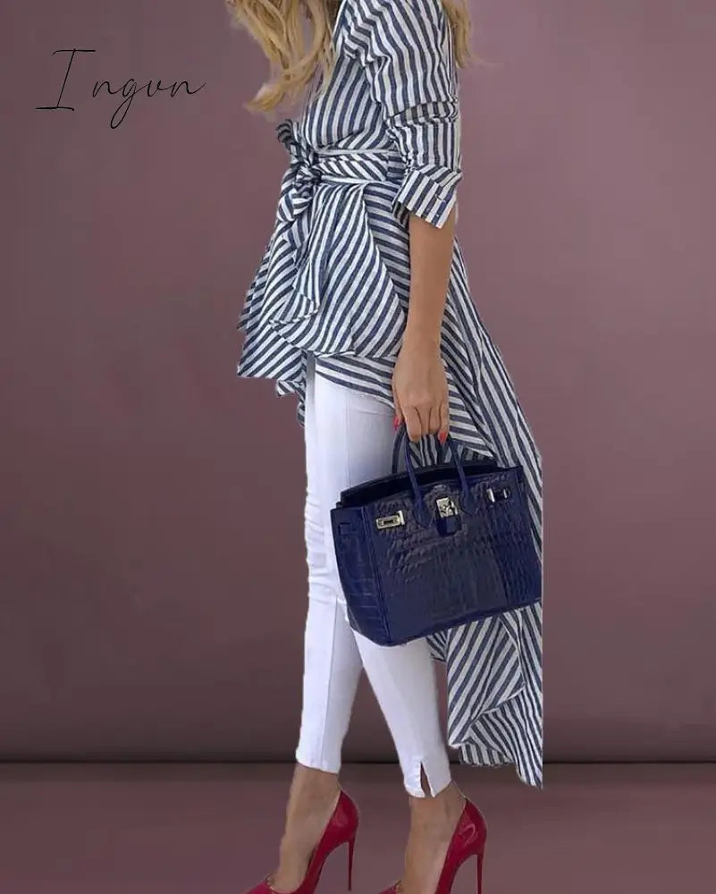 Ingvn - High Street Women Stripe Shirts Long Sleeve V-neck Loose Tops Blouse Striped Tied Front Dip Hem Shirt With Belt Long Shirts