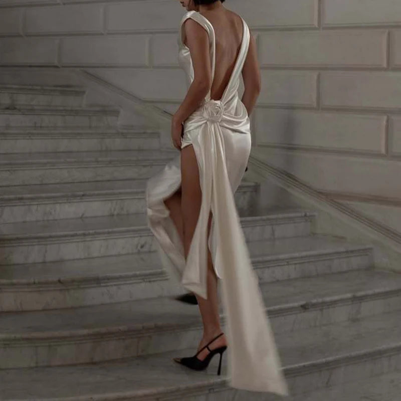 Sexy Spaghetti Strap Backless Evening Dress Women Satin Scarf Collar High Split Dress Lady Elegant Bodycon Party Dress