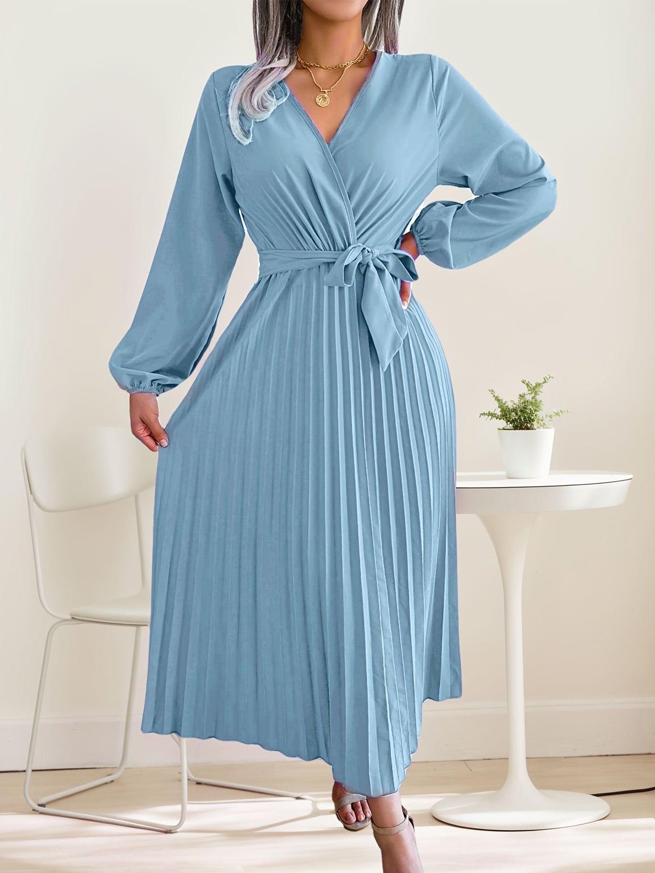 Womens Wrap Tie Dress Casual Fall V Neck Pleated Long Sleeve Solid Flowy Dress For Party Wedding Guest
