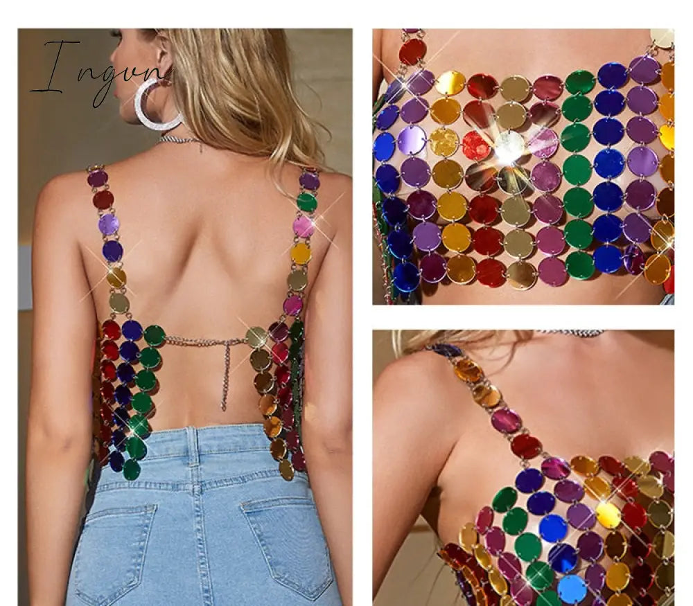 Ingvn - Leqoel Women Sequined Tank Tops for Women Fashion Female Clothing Shiny Metal Shoulder Strap Sexy Backless Mesh Crop Top
