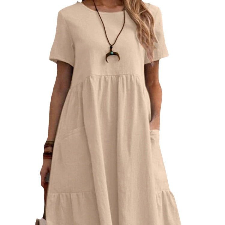 Summer European and American  Station Retro Loose Pocket Solid Color Crewneck Women's Cotton and Linen dress
