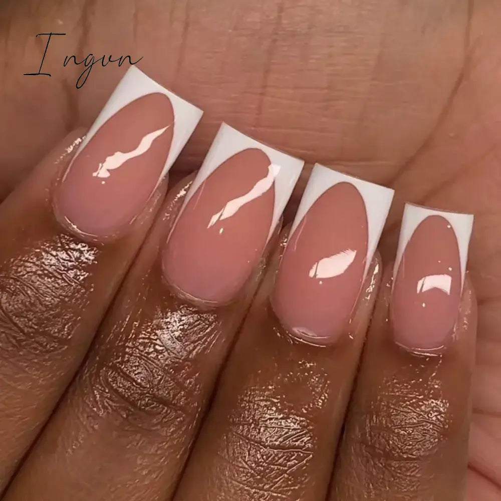 24pcs Mid-length Simple Smudged False Nails Wearable French Ballerina Fake Nails Full Cover Nail Tips Set Press On Nails