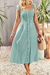 Ingvn - Smocked Tie Strap Sleeveless Striped Midi Dress