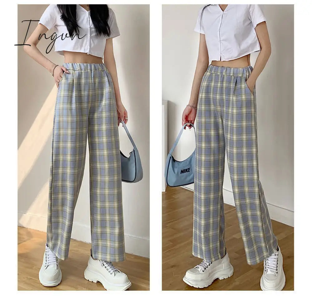 Ingvn - Vintage Plaid Pants Women High Waist Plus Size Wide Leg Casual Female Trousers Summer Joggers Clothes Streetwear Girl Pants