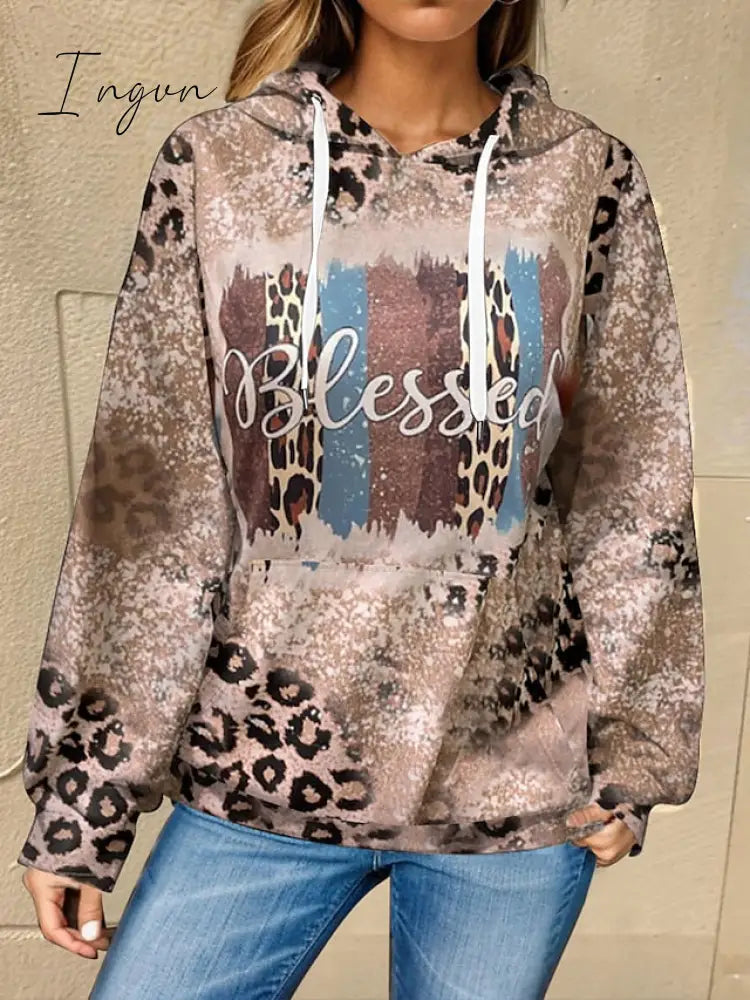Ingvn - Women's Hoodie Sweatshirt Pullover Basic Drawstring Front Pocket Brown Graphic Street Hoodie Long Sleeve Top Micro-elastic Fall & Winter