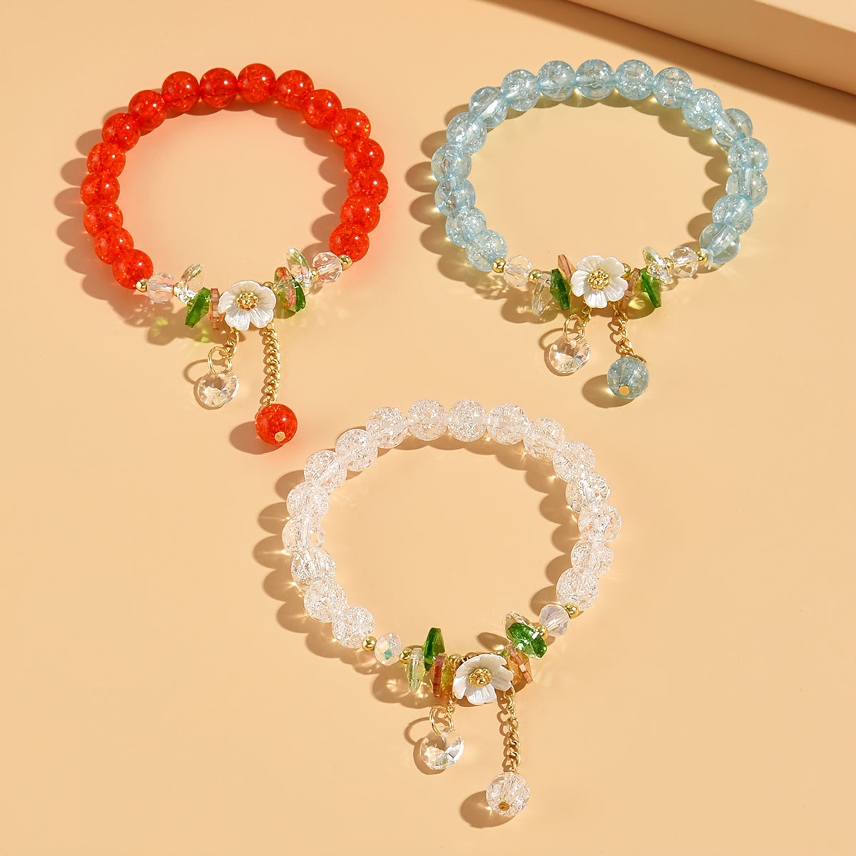 3pc Colorful Faux Crystal Beads Beaded Bracelet Elastic Stretch Versatile Hand String Jewelry Set