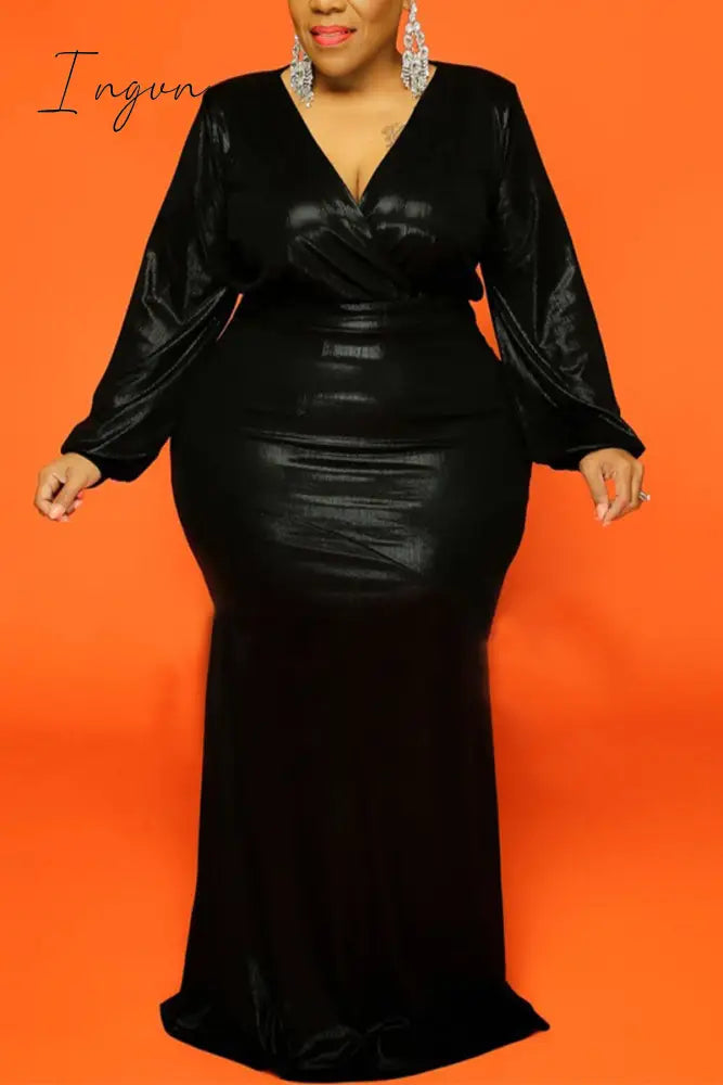 Ingvn - Red Sexy Formal Solid Bronzing Patchwork Zipper V Neck Evening Dress Plus Size Dresses