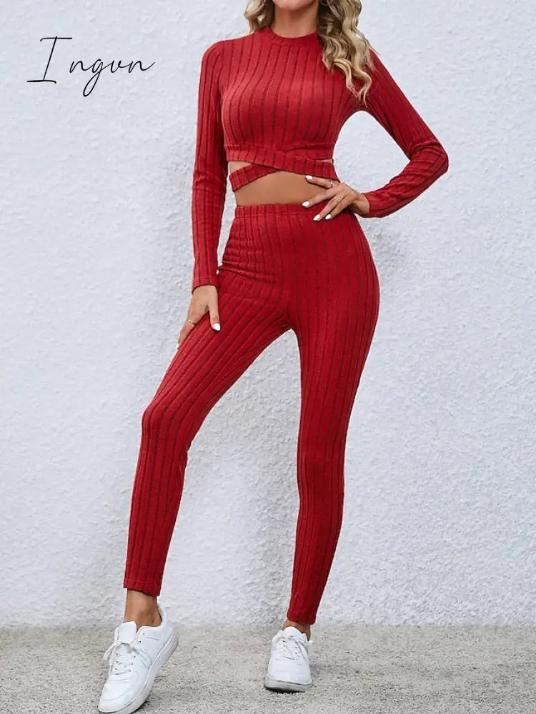 Ingvn - Women's Crop Top Pants Sets Black Red Khaki Solid Color Long Sleeve Casual Daily Fashion Round Neck Regular Fit Spring &  Fall