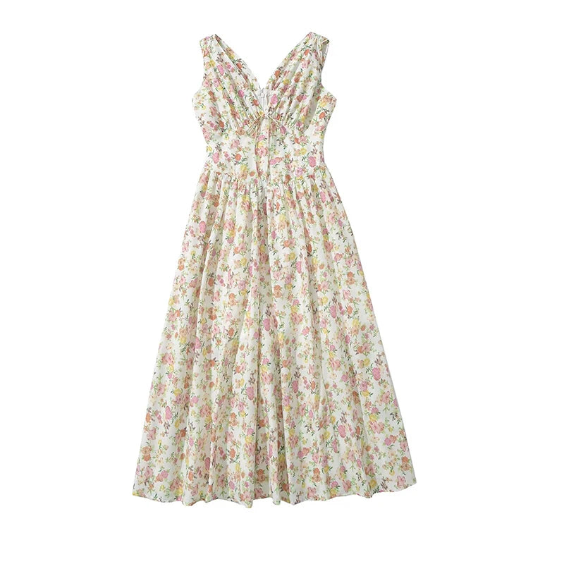 New Women Bow V Neck Floral Print Tank Summer Dress Sexy Sleeveless High Waist Elegant Holiday Party Dresses Midi Robe