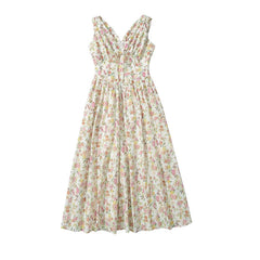 New Women Bow V Neck Floral Print Tank Summer Dress Sexy Sleeveless High Waist Elegant Holiday Party Dresses Midi Robe
