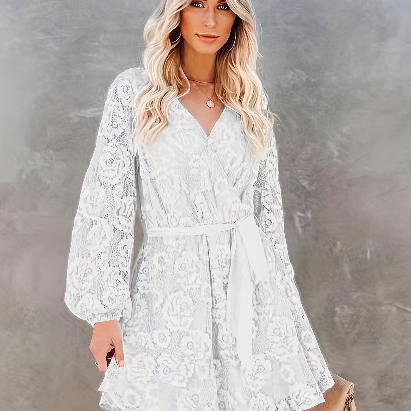 Guipure Lace Surplice Neck Dress, Elegant Lantern Sleeve Tie Waist Dress For Spring & Fall, Women's Clothing