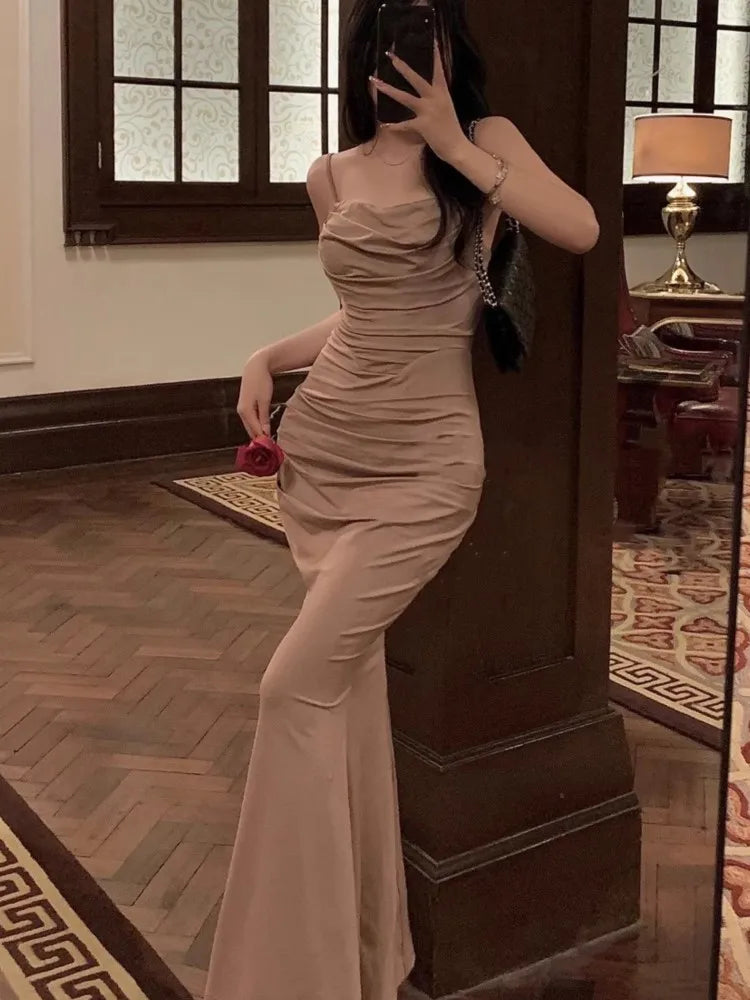 Women Fashion Sexy Bodycon Mermaid Dress Summer Elegant Strap Evening Party Robe Korean Female Solid Long Vestidos Dresses