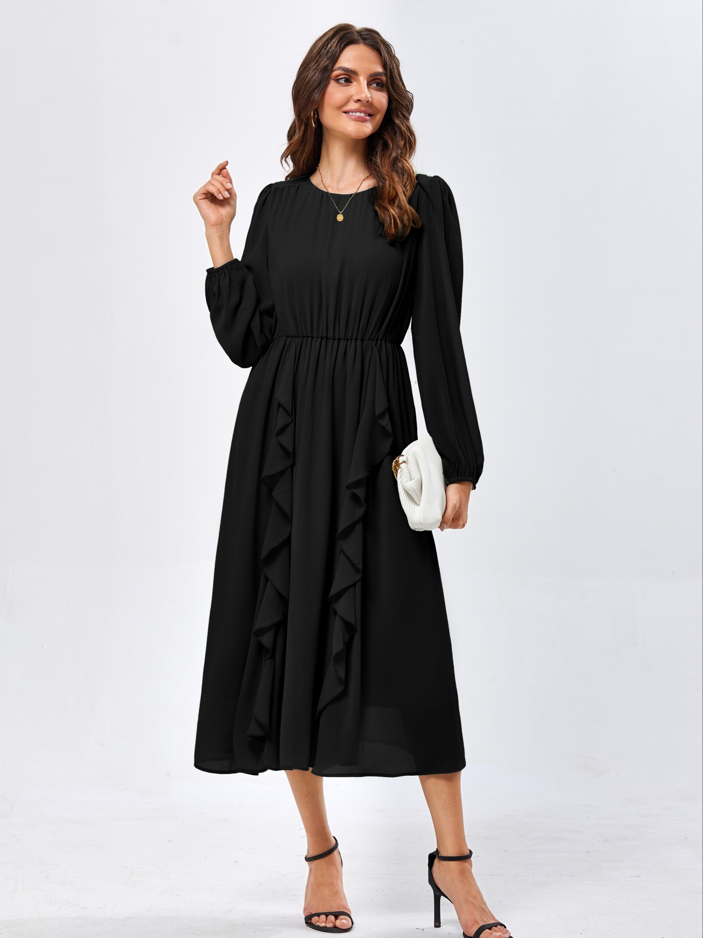 Womens Long Sleeve Wedding Guest Dresses Flowy Chiffon Ruffled A Line Midi Dresses 2024 Fall Casual Long Dress