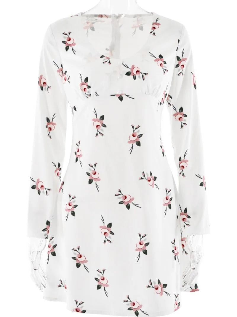 Ingvn  Fall Vintage Floral Print Short Dress Streetwear Office Lady V-neck Long Sleeve Tunics A-line Satin White Holiday Dresses