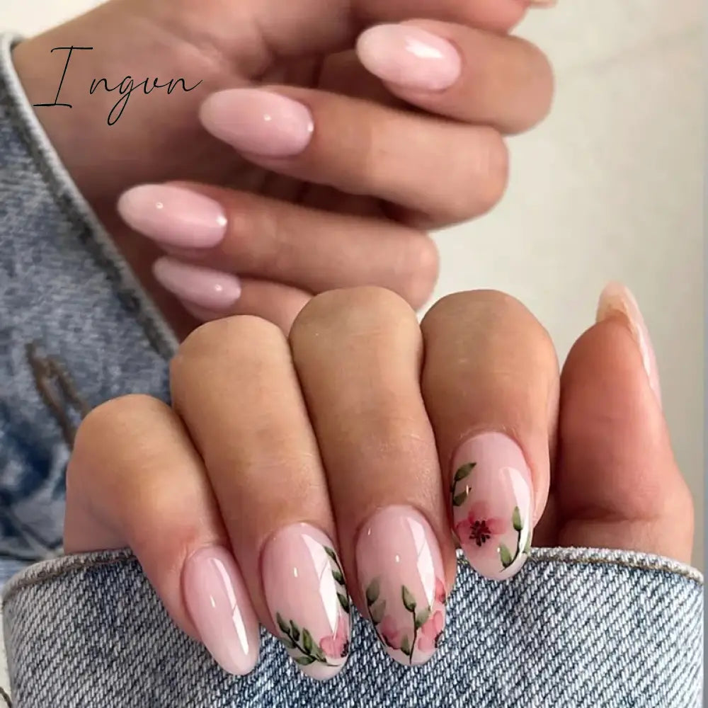 24pcs Short Almond False Nails Flower Pattern Oval Fake Nails Press on Nails Full Cover Wearable Manicure Acrylic Nail Tips