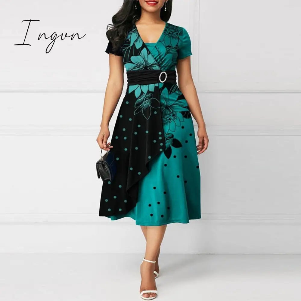 Ingvn - 2023 New Trends Retro Women High Waist Irregular Midi Dresses Summer Fashion V-neck Short Sleeve A-line Party Dress Elegant Office Lady Vestidos
