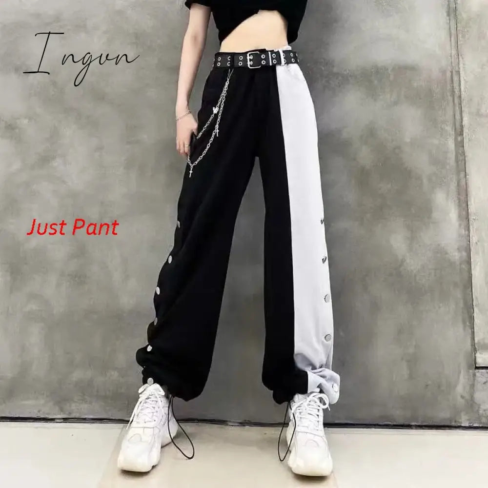 Ingvn - Women Fashion Contrast Cargo Pants Female New Arrival Elastic Waist Wide Leg Trousers Ladies Korean High Street Cotton Pant