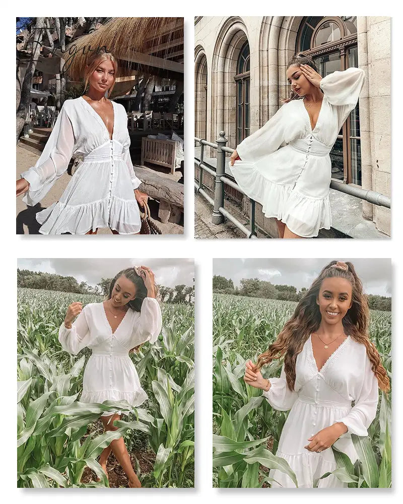 Ingvn - Summer Dresses For Women Sexy Plunge V Neck Women's Summer Dress White Lace Long Sleeve Mini Wedding Party Dress Ruffle Elegant Clothes