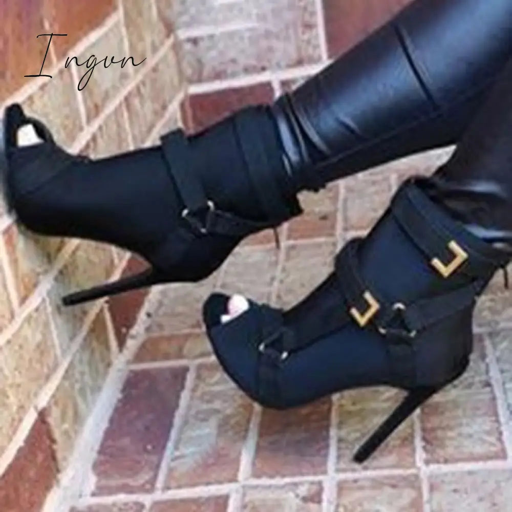 Ingvn - Back Zip Peep Toe Stiletto Heel Ankle Boots