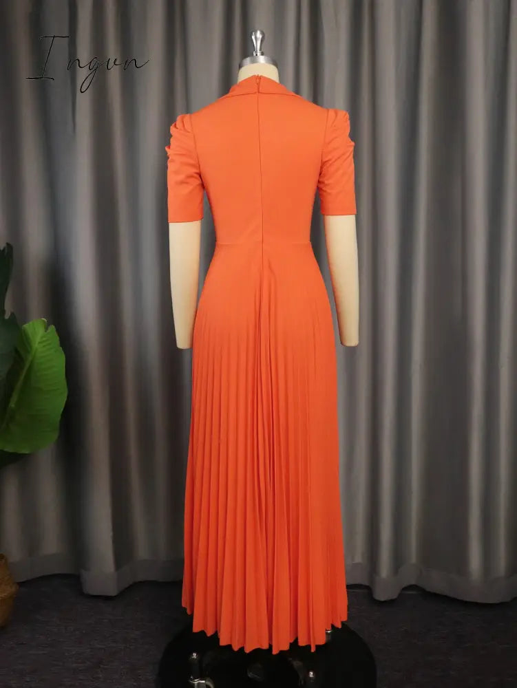 Ingvn - Elegant Women Maxi Pleated Dresses Notched Lapel Wrap High Waist Big Swing Dress Modest Classy Wedding Guest Party Evening Gown
