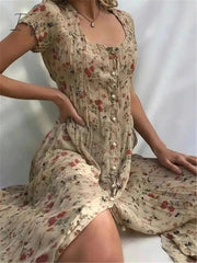 Ingvn - French Flair Elegant Floral Square Neckline Midi Dress