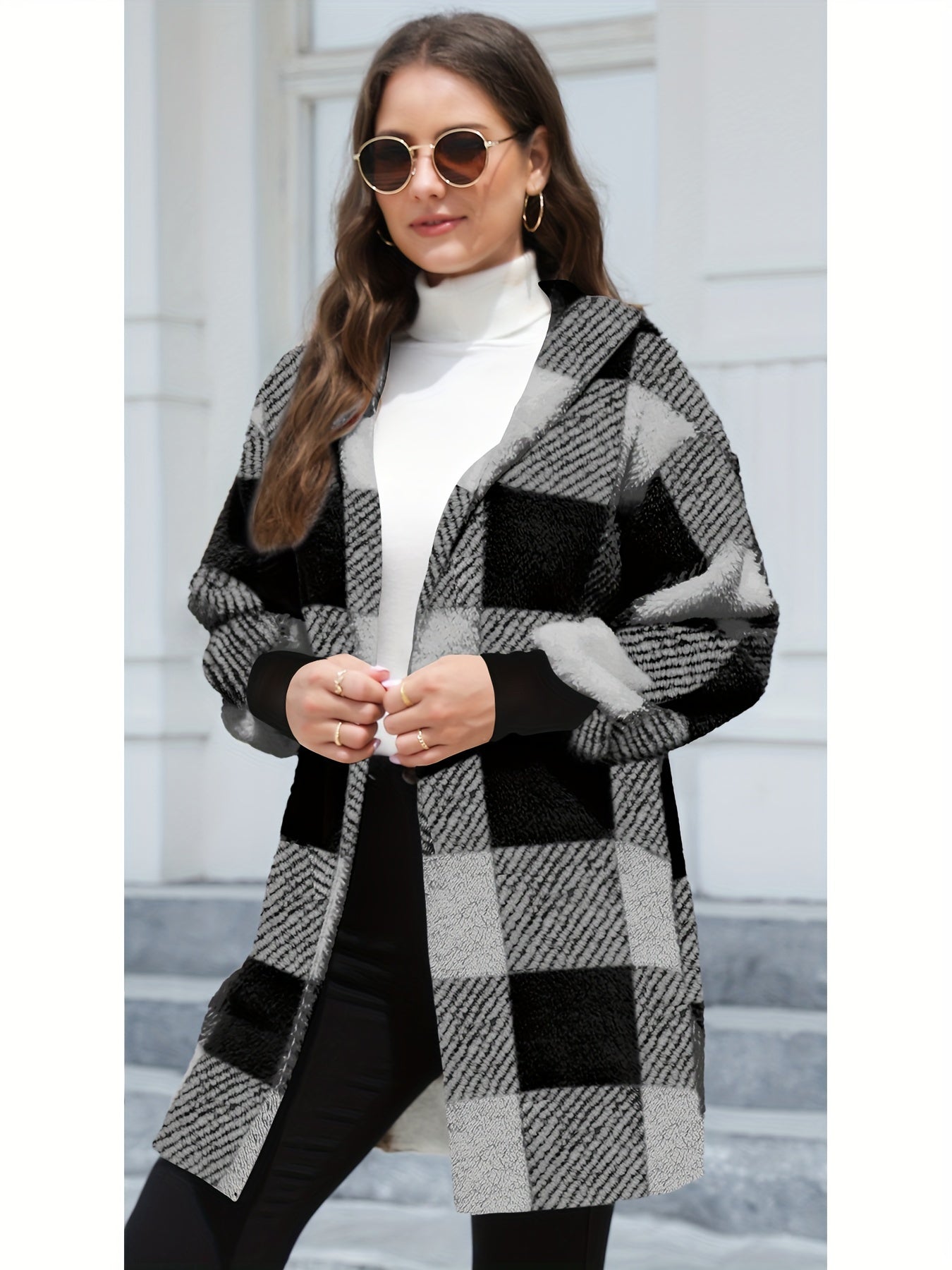 Stylish Long Sleeve Hooded Plush Lined Cardigan - Fleece Jackets with Color Block Plaid Print, Soft and Warm Women's Clothing for Winter