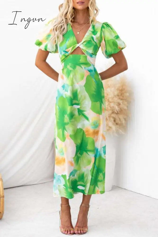 Ingvn - Sexy Vacation Gradual Change Print Hollowed Out V Neck A Line Dresses