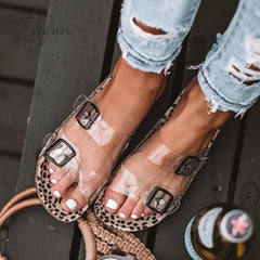 Ingvn - Clear Straps Silver Buckles Cheetah Slippers
