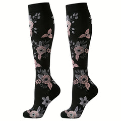 6pcs Floral Compression Socks For Women - Breathable, Moisture-Wicking Nylon Blend, Ideal For Sports & Outdoor Activities Compression Socks Women Plus Size Compression Stockings For Women