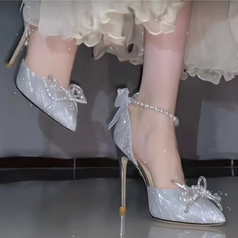 Bridal Wedding Pumps Shoes Women Pumps Crystal Bowknot Satin Sandals Summer Transparent Shoes High Heels Party Prom Shoes