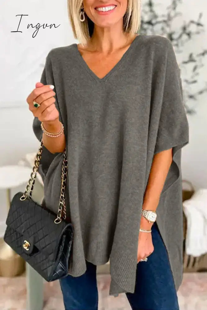 Ingvn - Casual Simplicity Solid Slit V Neck Tops