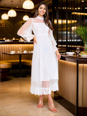 Contrast Lace Mock Neck Overlay Dress, Elegant Long Sleeve Sheer Midi Dress For Wedding Party, Women's Clothing