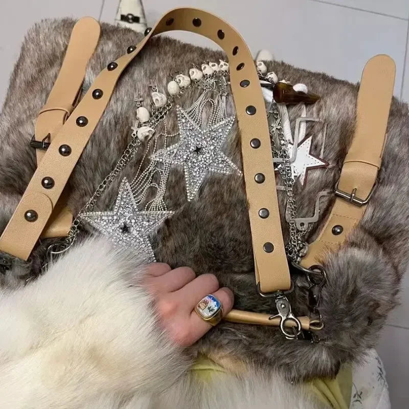 Ingvn  Y2k Gothic Womens Tote Bag Fluffy Harajuku Fashion Chains Patchwork Winter Shoulder Bag Vintage New Large Capacity Handbag