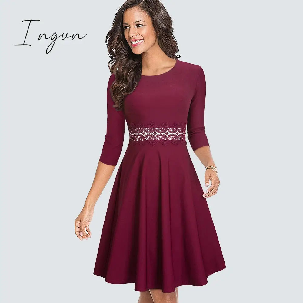 Ingvn - Women Vintage Casual Round Neck A line Summer Elegant Floral Lace Patchwork Sleeveless Tunic Party Swing Dress HA079