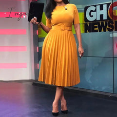Ingvn - African Style Women Casual Belted Pleated Dress Elegant Chic Office Lady A-Line High Waist Dress Autumn Winter Fashion